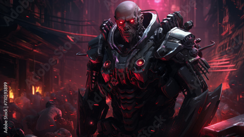 Warrior with dark military dress in cyberpunk style, halloween motive