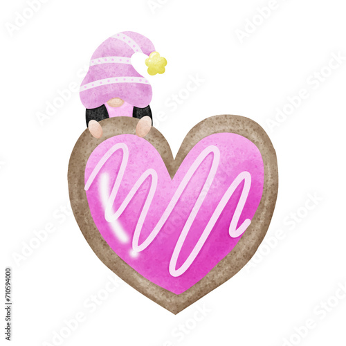 Valentine's Day concept. The pink heart shape of cookies with a little gnome. Watercolor style.