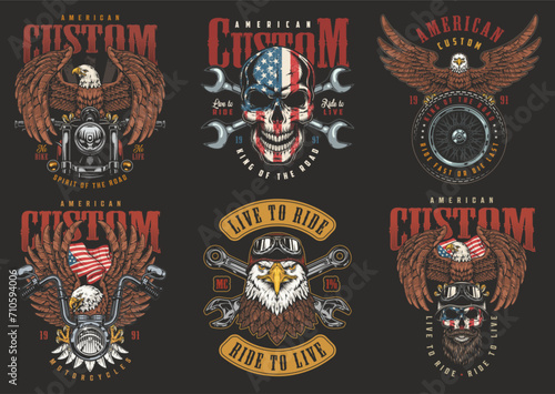 USA bikers set stickers colorful