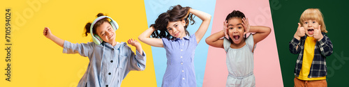 Collage made of different happy, positive, smiling children having fun, dancing, listening to music in headphones. Concept of childhood, emotions, lifestyle, positive mood. Banner