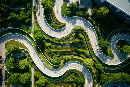Aerial view of the road curve in the city. Top view.