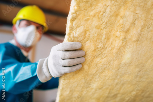 Construction worker installing mineral wool filling used as isolation material in walls photo