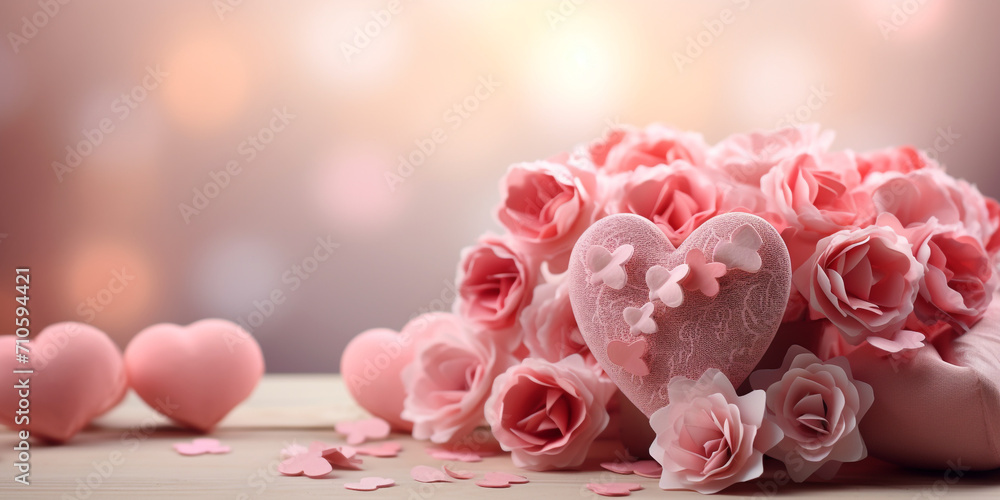 A dreamy and soft-focused image of a bouquet of delicate pink roses next to a collection of handcrafted hearts made of various materials like paper created with Generative Ai A dreamy and soft-focused image of a bouquet of delicate pink roses next to a collection of handcrafted hearts made of various materials like paper created with Generative Ai