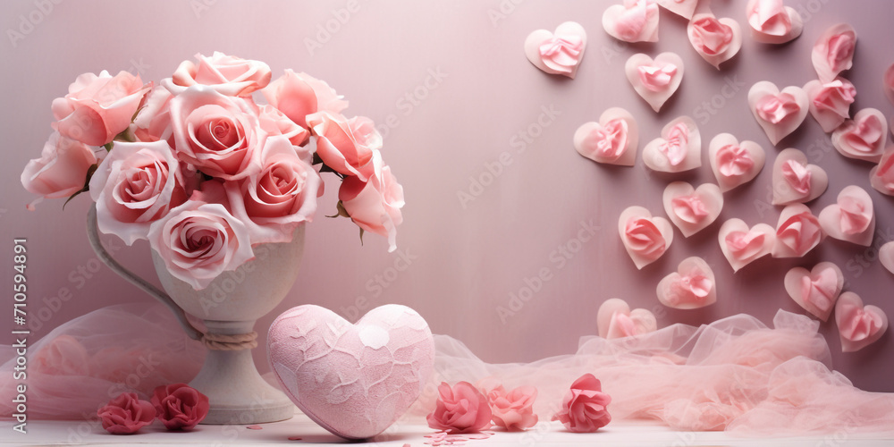 A dreamy and soft-focused image of a bouquet of delicate pink roses next to a collection of handcrafted hearts made of various materials like paper created with Generative Ai