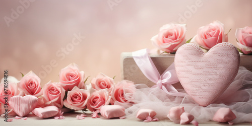 A dreamy and soft-focused image of a bouquet of delicate pink roses next to a collection of handcrafted hearts made of various materials like paper created with Generative Ai