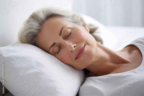 Middle-aged woman sleeping on white pillow photo
