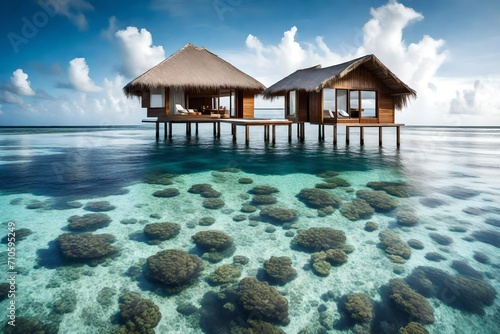 Amidst a gentle breeze, the overwater bungalow stands like a lone sentinel, its wooden stilts reflected flawlessly in the calm, undisturbed surface of the sea, creating a breathtaking sight.