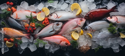 Fresh sea fish on a pillow of ice with lemon and herbs on the table  black background. Photo from above. Horizontal banking for web. Photo AI Generated