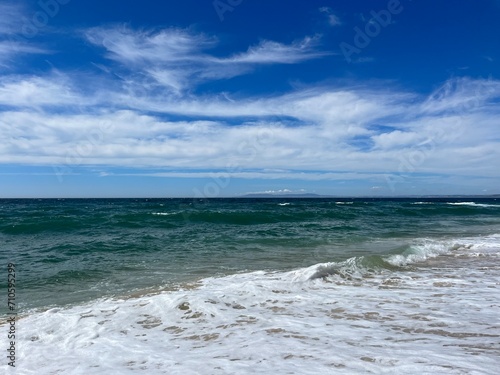 Waved ocean, blue ocean horizon, seascape horizon background, natural ocean view