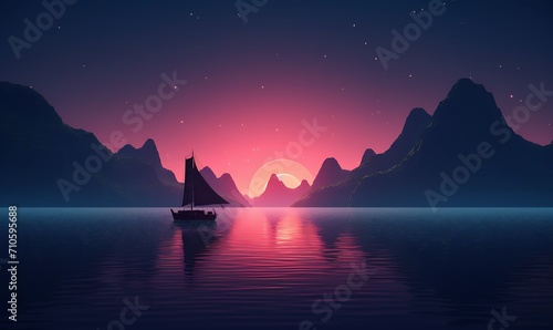Synthwave,shot from the water,a chinese sail drifts over hills, sparkling water is crystal clear，minimalism，hyperrealistic,fluorescence, Dopamine color neon, 4k. Generative Ai