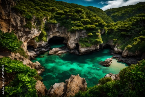 A rugged cliffside with emerald greenery framing a secluded cove kissed by crystal-clear waters.