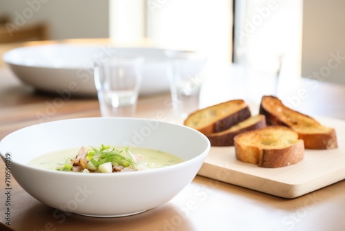 modern white bowl filled with potato leek soup and artisanal bread on the side