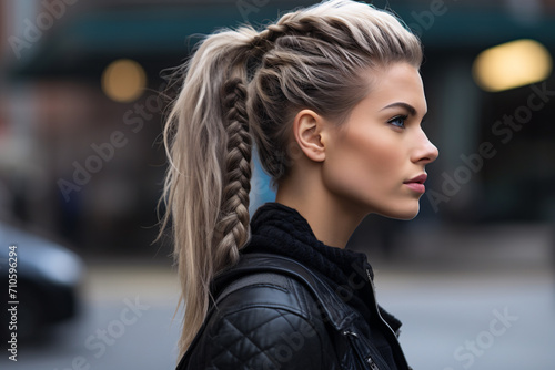 Young blond woman in leather jacket with viking hairstyle with plaits with blurry street in background
