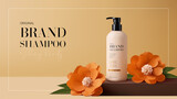 Ad banner for promotion shampoo. Ad banner with minimalist design. Vector illustration with shampoo bottle and paper flowers on podium. Concept of promotion cosmetic product. 3d realistic background.
