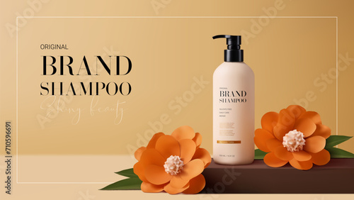 Ad banner for promotion shampoo. Ad banner with minimalist design. Vector illustration with shampoo bottle and paper flowers on podium. Concept of promotion cosmetic product. 3d realistic background.