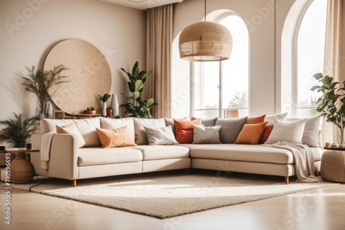 Bohemian interior home design of modern living room with beige sofa in a room with beige wall
