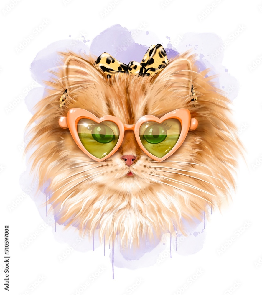 Obraz premium Cute cate in sunglasses. Valentine cat. Fashion kitty in headband. 