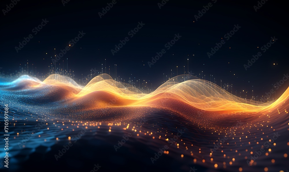Wave of bright particles. Sound and music visualization. Generative Ai

