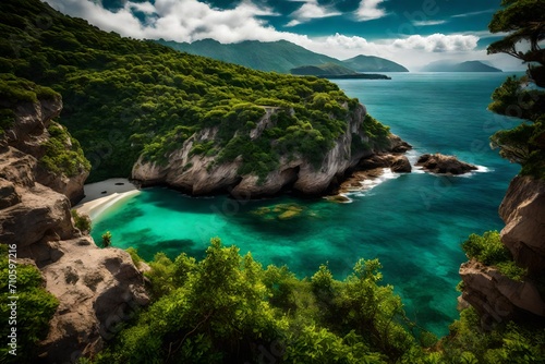 A rugged cliffside with emerald greenery framing a secluded cove kissed by crystal-clear waters. © Nature