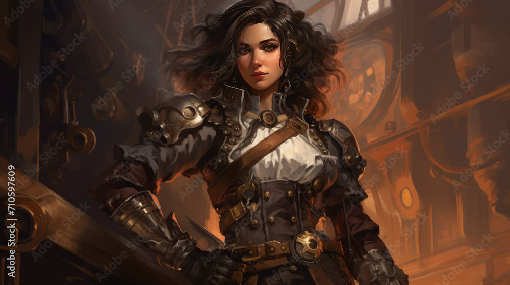 Woman with dark military dress in steampunk style, halloween motive