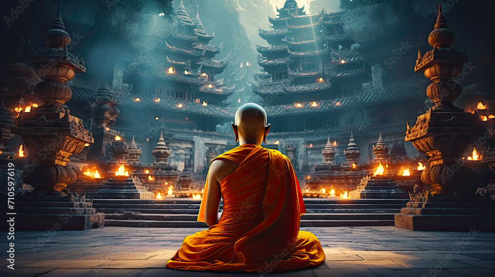 Back view of buddhist monk meditating inside mountain temple. Postproducted generative AI illustration. - obrazy, fototapety, plakaty 