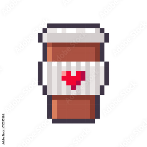 Paper coffee cup with red heart isolated on white background. Coffee to go pixel icon. Vector illustration of Valentine's Day elements in 8 bit style.
