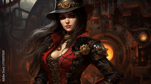 Woman with dark military dress in steampunk style, halloween motive