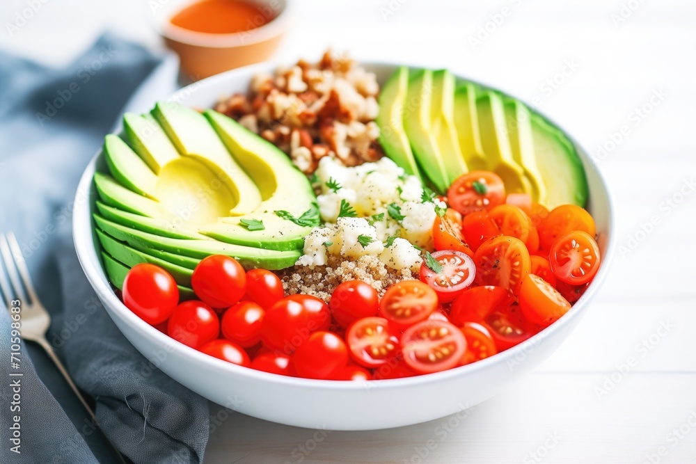 quinoa bowl topped with sliced avocado and cherry tomatoes quinoa bowl topped with sliced avocado and cherry tomatoes
