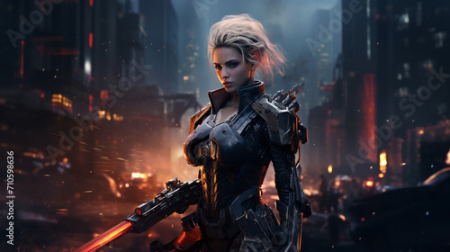 Woman with dark military dress in cyberpunk style, halloween motive