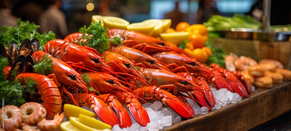 Wooden counter with lobsters and seafood on ice, decorated with lemon, greens. Photo on the background of the store, close-up shot from the side. Horizontal banking for web. Photo AI Generated