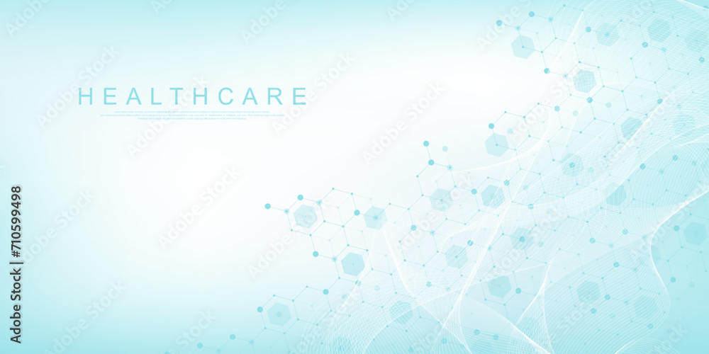 Modern health care or medical background design. Health care innovation concept. Horizontal header web banner. Abstract geometric background with hexagon shapes for medicine, science, chemistry. Modern health care or medical background design. Health care innovation concept. Horizontal header web banner. Abstract geometric background with hexagon shapes for medicine, science, chemistry.