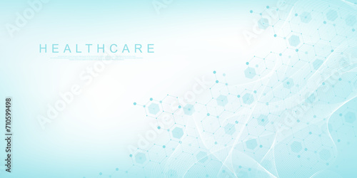 Modern health care or medical background design. Health care innovation concept. Horizontal header web banner. Abstract geometric background with hexagon shapes for medicine, science, chemistry.