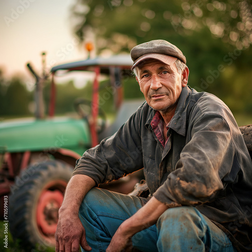 Bauer mit Traktor bei der Arbeit schaut in die Kamera, ai generativ © www.freund-foto.de