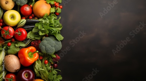 Vegetables mix on a brown background: tomato, lettuce, pepper, onion. Photo mockup, top view. Horizontal banking for web. Photo AI Generated