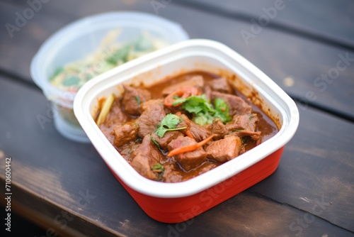 rogan josh packed in a container for takeaway