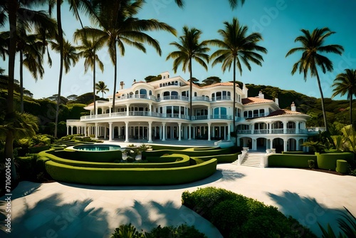 A luxurious oceanfront estate with manicured lawns, featuring a sprawling veranda offering breathtaking views of the serene coastal panorama.