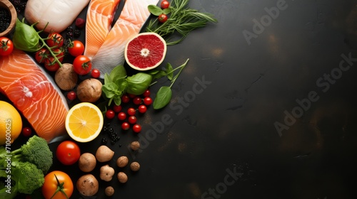 Product shopping concept mockup on a black background: salmon, basil, tomatoes, citrus fruits, broccoli. Photo mockup, top view. Horizontal banking for web. Photo AI Generated photo