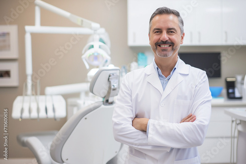 Portrait of confident dentist man smiling while standing in dental clinic. Dentistry concept