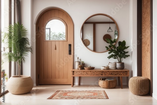 Bohemian interior home design of modern entrance hall with door and home decoration
