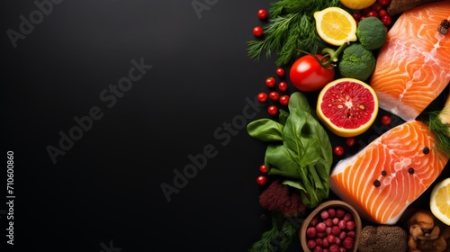 Product shopping concept mockup on a black background: red fish, spinach, berries, citrus fruits, spices. Photo mockup, top view. Horizontal banking for web. Photo AI Generated