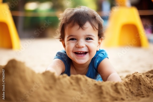 Portrait of a smiling baby boy playing in the sand on the playground. Sandbox. Childhood Concept with a Copy Space.  © John Martin