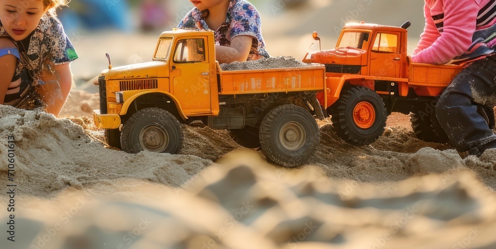 Children playing with a toy truck on the beach. Selective focus. Sandbox. Childhood Concept with a Copy Space.	