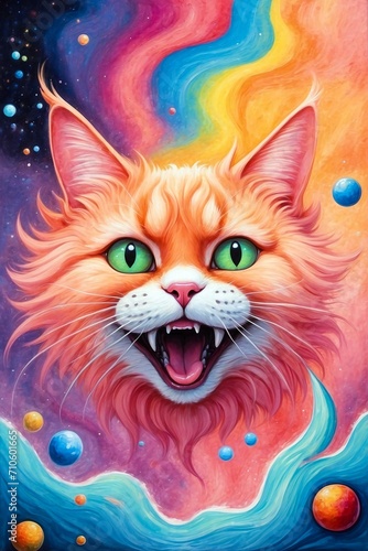 Portrait of a beautiful ginger cat with its mouth open in a psychedelic dream world. Digitial illustration, generative ai wallpaper