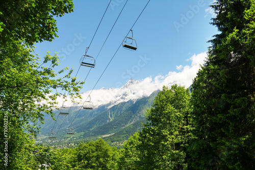 Cable car going over Alps, Chamonix-Mont-Blanc, France, Europe. View  while hiking Tour du Mont Blanc.