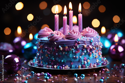 Birthday cake with candles on a festive elegant background. Generative AI.