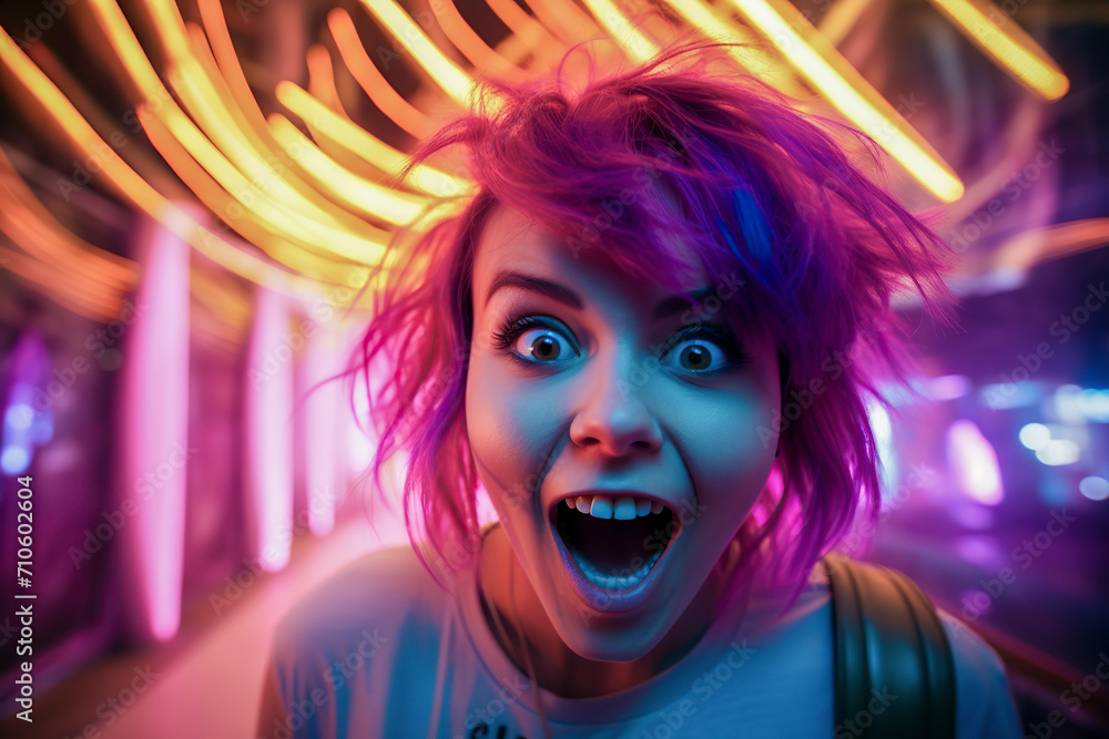 young woman with pink hair with amazed face with neon lights behind at night, ai generative