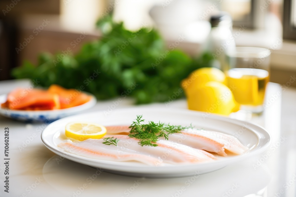 fresh lemon wedges and parsley garnish beside cooked sole fresh lemon wedges and parsley garnish beside cooked sole