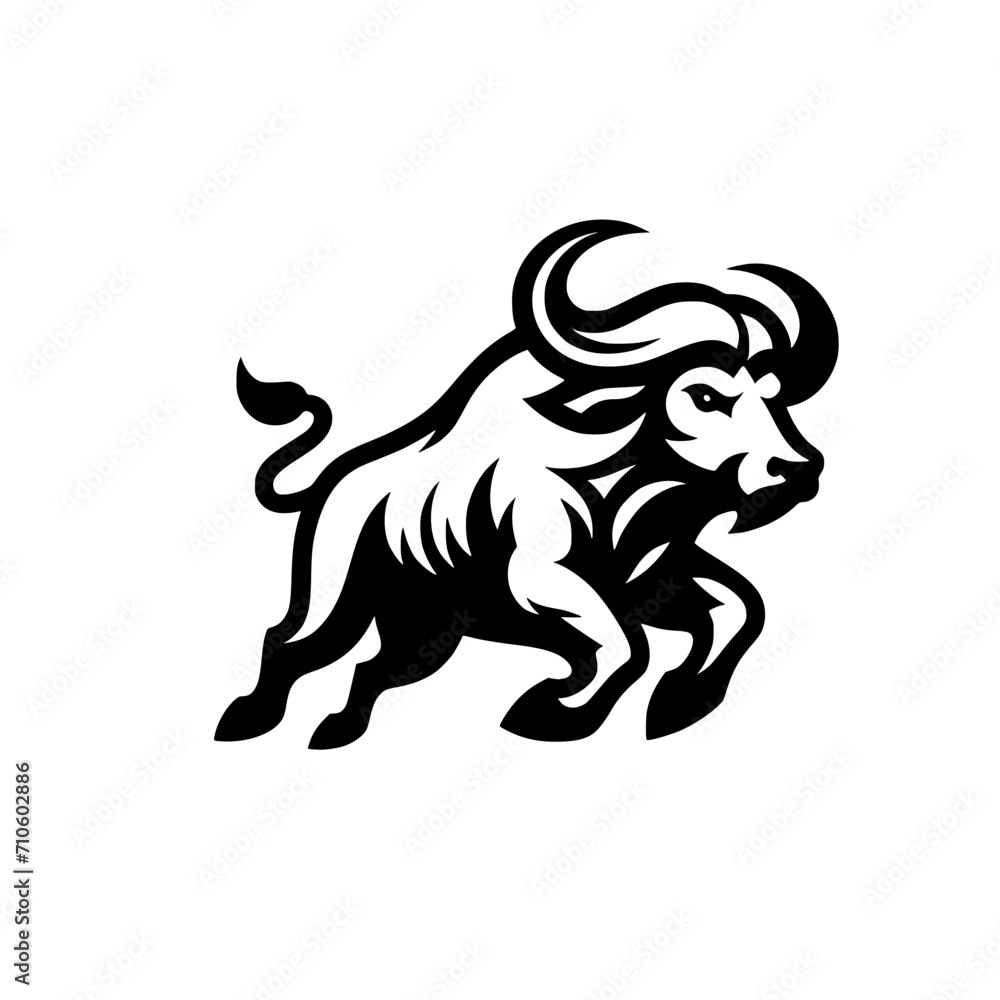 Vector Logo Featuring a Charging Buffalo. Powerful Symbol of Strength and Resilience for Corporate Branding, Financial Services, and Marketing. Striking and Versatile logo on a white Background.