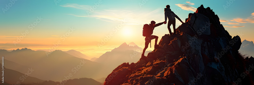 Teamwork concept with man helping friend reach the mountain top, illustration - obrazy, fototapety, plakaty 