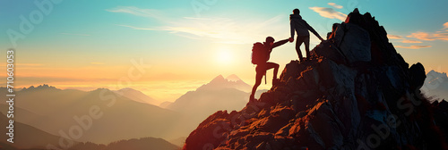 Teamwork concept with man helping friend reach the mountain top, illustration #710603053